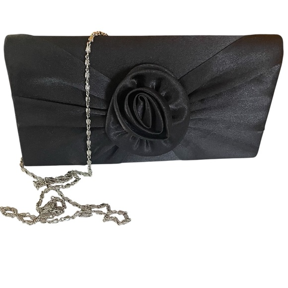 Elegant Party Black Bijoux Terner Envelope Clutch/Chain Purse w/ Rose Detail - Picture 1 of 6